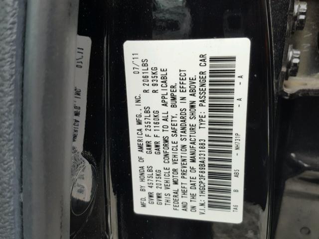 1HGCP3F89BA031883 - 2011 HONDA ACCORD EXL Siyah fotoğraf 10