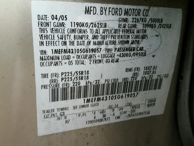 1MEFM43105G619057 - 2005 MERCURY MONTEGO PR 金色 照片 10