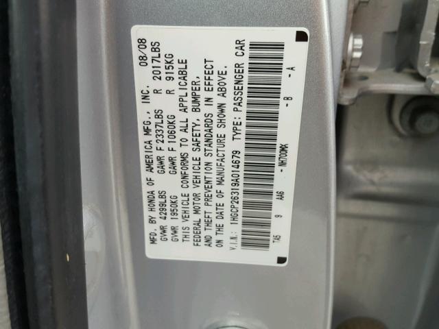 1HGCP26319A014679 - 2009 HONDA ACCORD LX GRAY photo 10