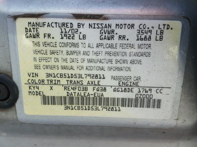 3N1CB51D53L792811 - 2003 NISSAN SENTRA XE SILVER photo 10