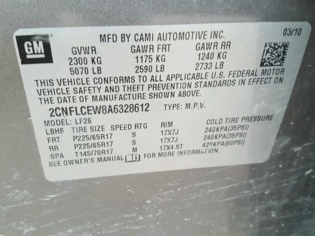 2CNFLCEW8A6328612 - 2010 CHEVROLET EQUINOX LS TAN photo 10