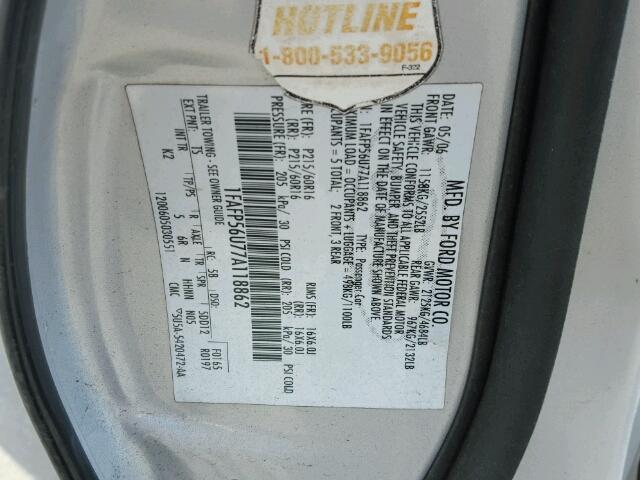 1FAFP56U77A118862 - 2007 FORD TAURUS SEL GRAY photo 10