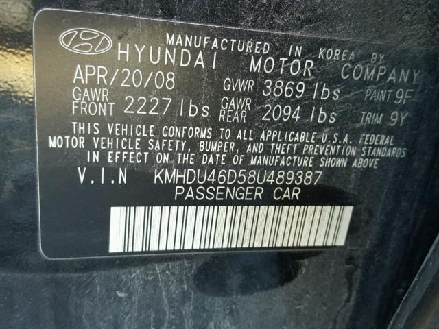 KMHDU46D58U489387 - 2008 HYUNDAI ELANTRA GL BLACK photo 10