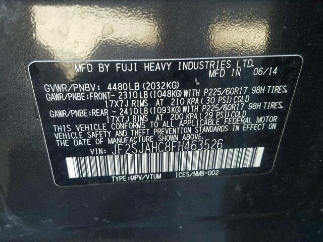 JF2SJAHC8FH463526 - 2015 SUBARU FORESTER 2 BLACK photo 10