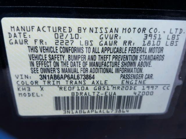 3N1AB6AP6AL673864 - 2010 NISSAN SENTRA 2.0 BLACK photo 10