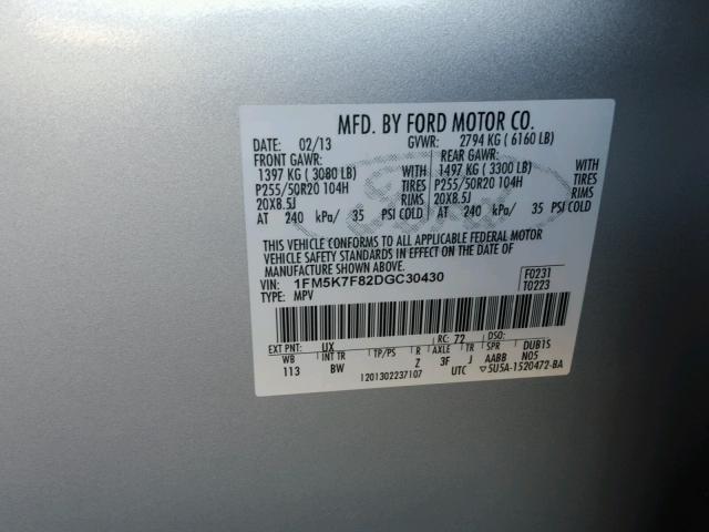 1FM5K7F82DGC30430 - 2013 FORD EXPLORER L SILVER photo 10