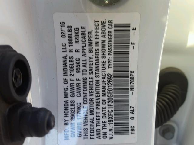 19XFC1F30GE012692 - 2016 HONDA CIVIC EX 白色 照片 10