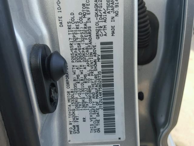 JTEZU14R758025735 - 2005 TOYOTA 4RUNNER SR SILVER photo 10