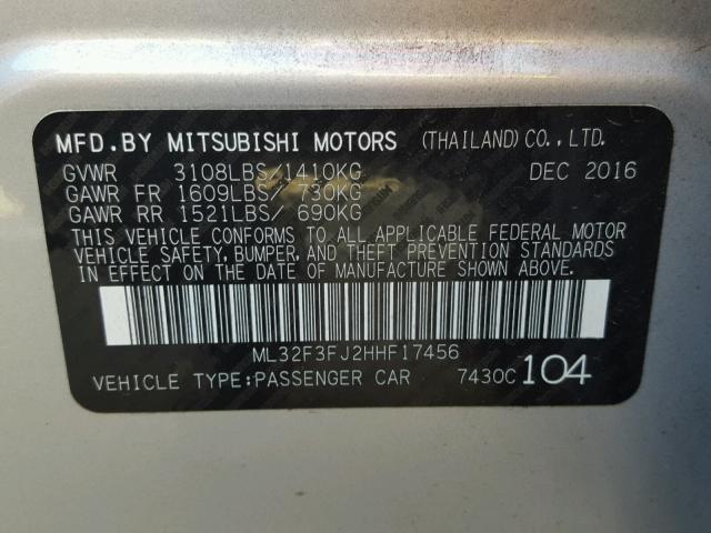 ML32F3FJ2HHF17456 - 2017 MITSUBISHI MIRAGE G4 SILVER photo 10