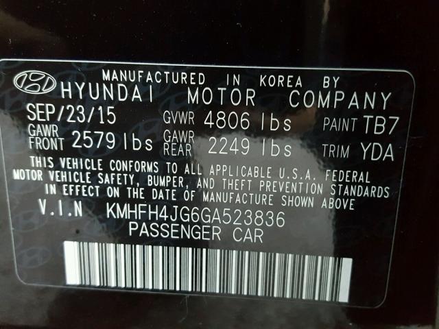 KMHFH4JG6GA523836 - 2016 HYUNDAI AZERA LIMI BLACK photo 10