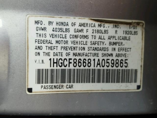 1HGCF86681A059865 - 2001 HONDA ACCORD VAL SILVER photo 10