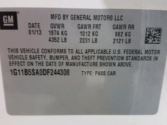 1G11B5SA0DF244308 - 2013 CHEVROLET MALIBU LS თეთრი ფოტო 10