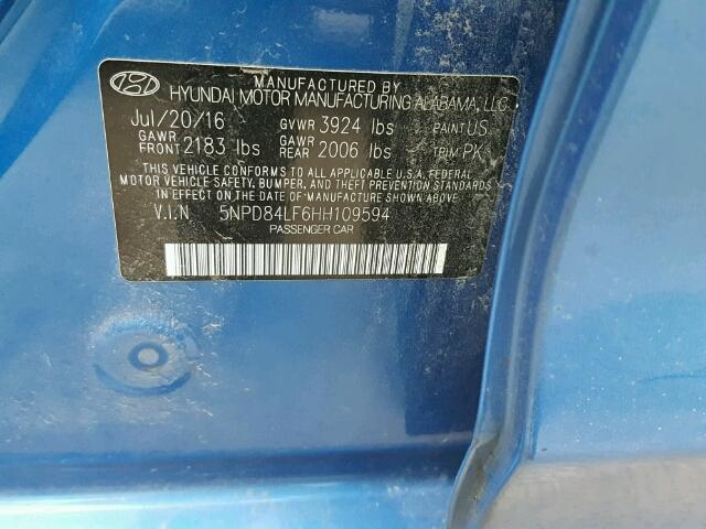 5NPD84LF6HH109594 - 2017 HYUNDAI ELANTRA SE BLUE photo 10