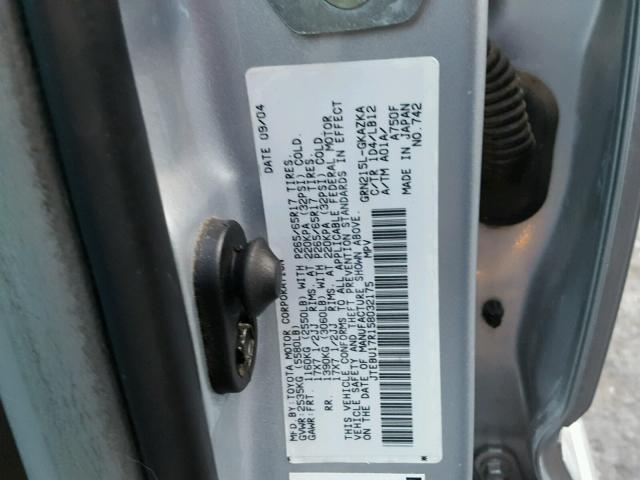 JTEBU17R158032175 - 2005 TOYOTA 4RUNNER LI SILVER photo 10