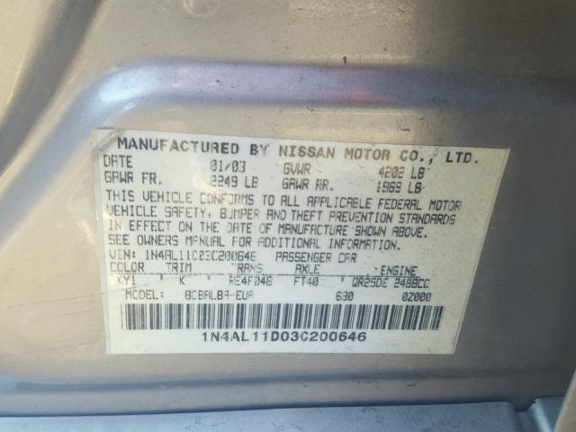 1N4AL11D03C200646 - 2003 NISSAN ALTIMA BAS SILVER photo 10