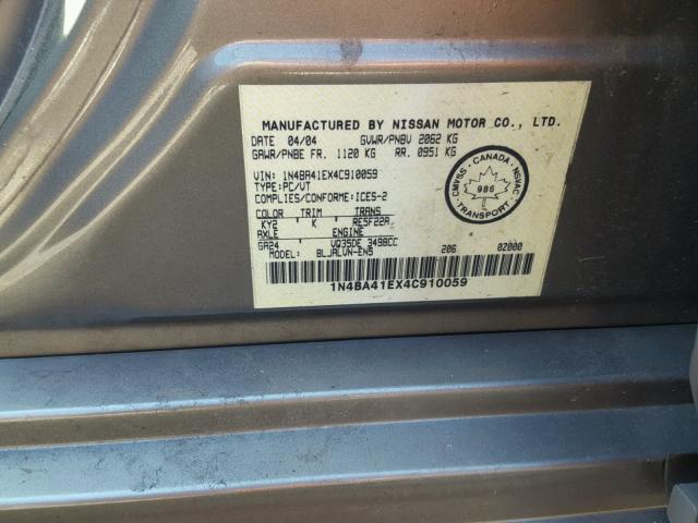 1N4BA41EX4C910059 - 2004 NISSAN MAXIMA SE GRAY photo 10