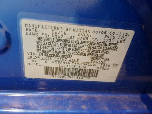 3N1CE2CP4GL383752 - 2016 NISSAN VERSA NOTE BLUE photo 10