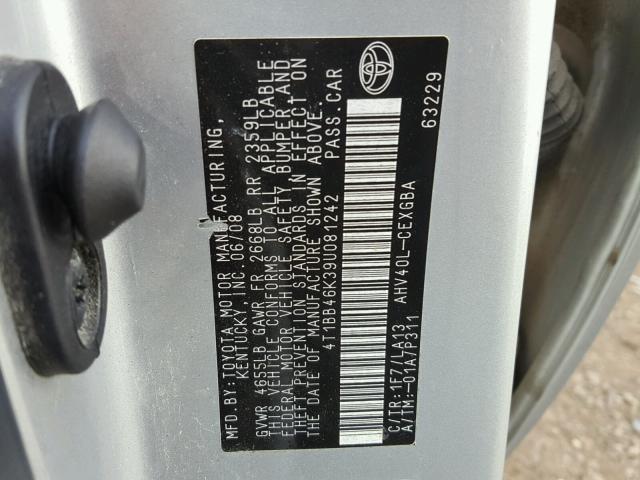 8T1BB46K39U081242 - 2009 TOYOTA CAMRY HYBR SILVER photo 10