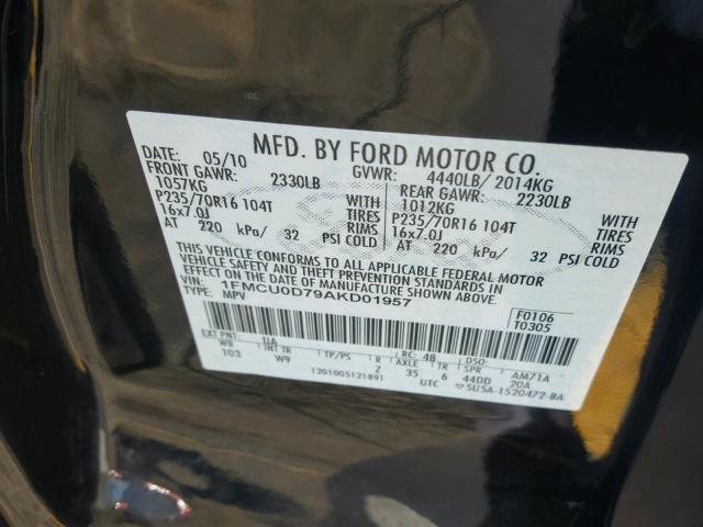 1FMCU0D79AKD01957 - 2010 FORD ESCAPE XLT BLACK photo 10