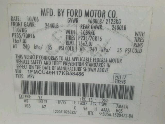 1FMCU49H17KB58486 - 2007 FORD ESCAPE HEV WHITE photo 10