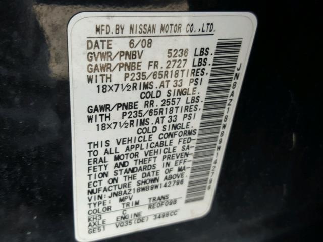 JN8AZ18W89W142796 - 2009 NISSAN MURANO S BLACK photo 10