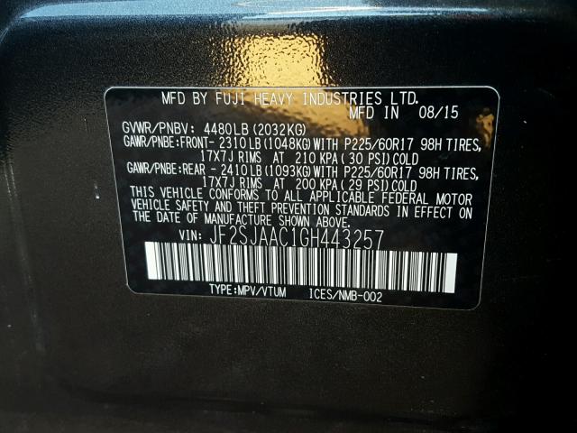 JF2SJAAC1GH443257 - 2016 SUBARU FORESTER 2 CHARCOAL photo 10