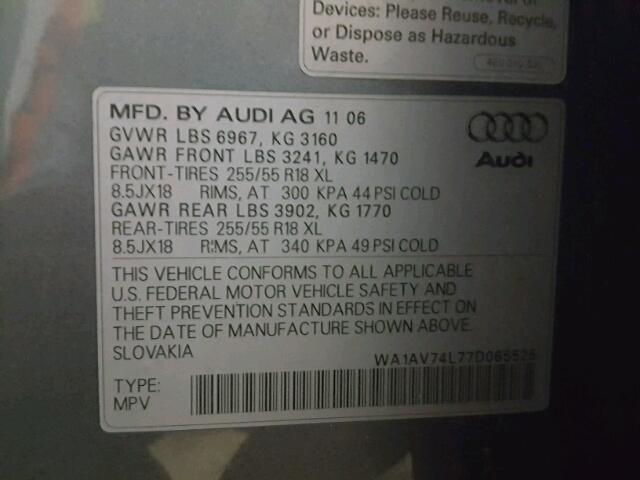 WA1AV74L77D065525 - 2007 AUDI Q7 4.2 QUA GRAY photo 10