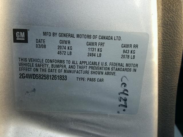 2G4WD582581261833 - 2008 BUICK LACROSSE C SILVER photo 10