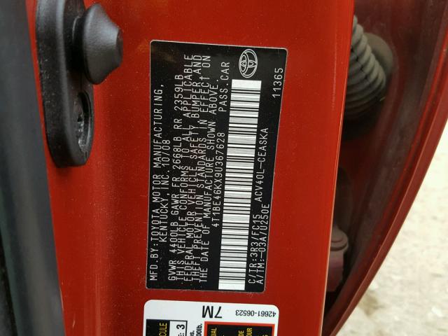 4T1BE46KX9U367628 - 2009 TOYOTA CAMRY BASE RED photo 10