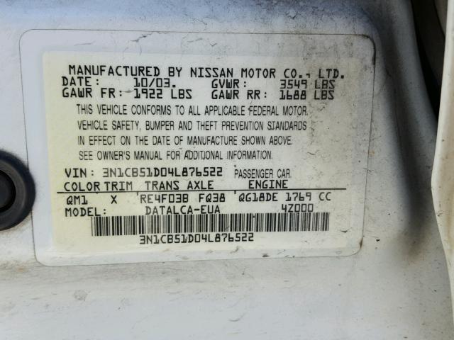 3N1CB51D04L876522 - 2004 NISSAN SENTRA 1.8 WHITE photo 10