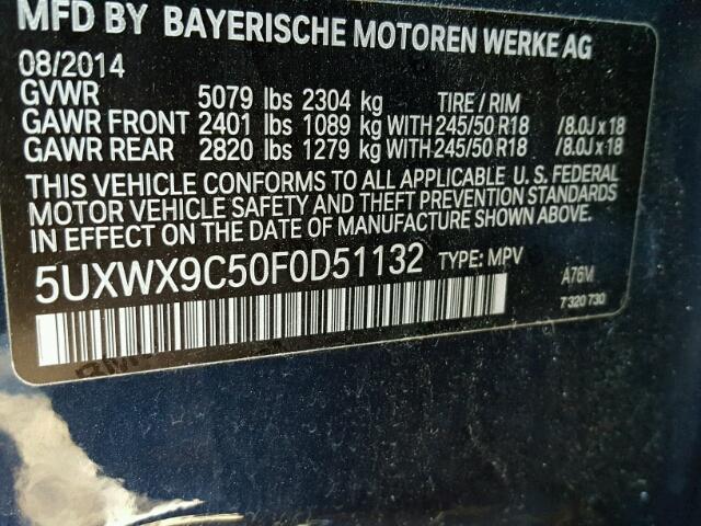 5UXWX9C50F0D51132 - 2015 BMW X3 XDRIVE2 BLUE photo 10