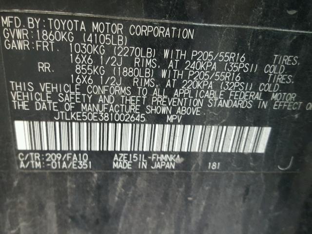 JTLKE50E381002645 - 2008 TOYOTA SCION XB BLACK photo 10