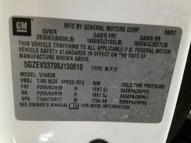 5GZEV33798J130610 - 2008 SATURN OUTLOOK XR თეთრი ფოტო 10