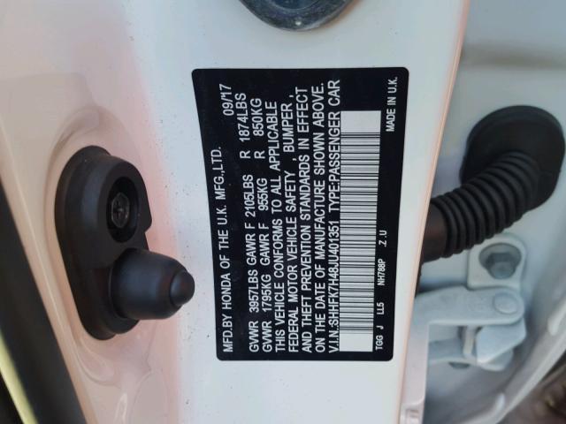 SHHFK7H48JU401351 - 2018 HONDA CIVIC SPOR WHITE photo 10