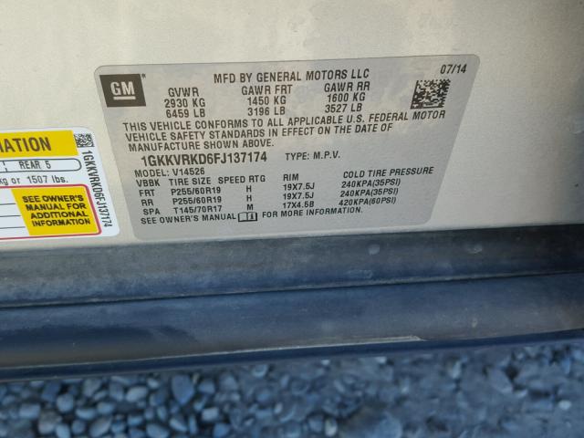 1GKKVRKD6FJ137174 - 2015 GMC ACADIA SLT ვერცხლისფერი ფოტო 10