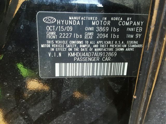 KMHDU4AD7AU912869 - 2010 HYUNDAI ELANTRA BL BLACK photo 10