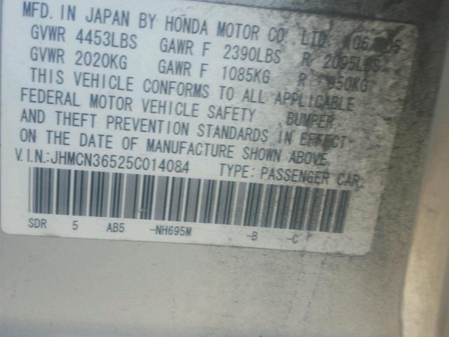 JHMCN36525C014084 - 2005 HONDA ACCORD HYB SILVER photo 10