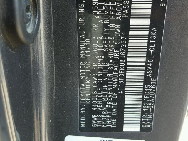 4T1BF3EK0BU672571 - 2011 TOYOTA CAMRY BASE GRAY photo 10