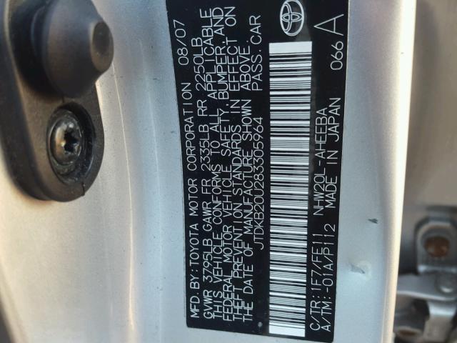 JTDKB20U283305964 - 2008 TOYOTA PRIUS SILVER photo 10