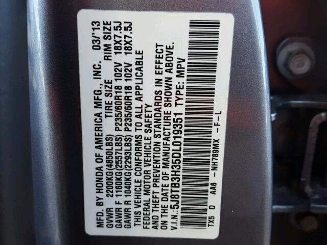 5J8TB3H35DL019351 - 2013 ACURA RDX BASE BLUE photo 10