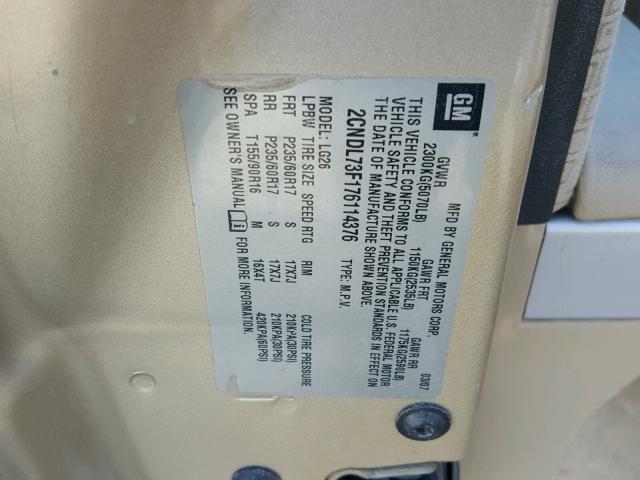 2CNDL73F176114376 - 2007 CHEVROLET EQUINOX LT GOLD photo 10