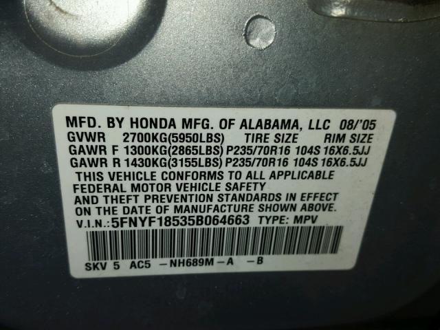 5FNYF18535B064663 - 2005 HONDA PILOT EXL SILVER photo 10