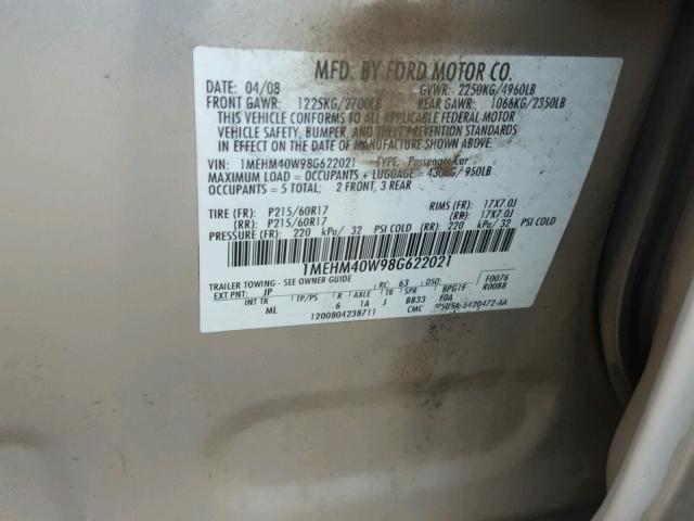 1MEHM40W98G622021 - 2008 MERCURY SABLE LUXU SILVER photo 10