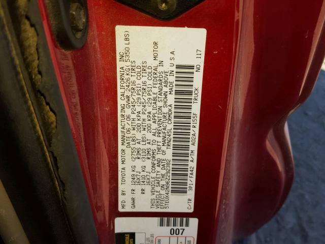 5TEUX42N96Z292382 - 2006 TOYOTA TACOMA ACC RED photo 10