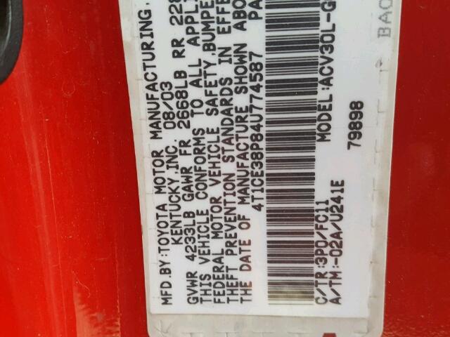 4T1CE38P84U774587 - 2004 TOYOTA CAMRY SOLA RED photo 10