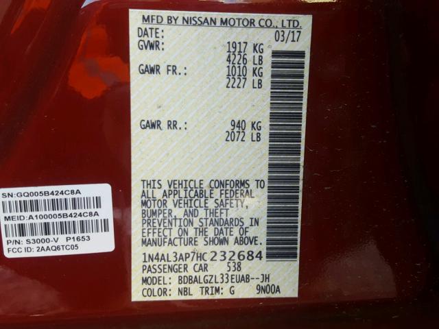 1N4AL3AP7HC232684 - 2017 NISSAN ALTIMA 2.5 RED photo 10