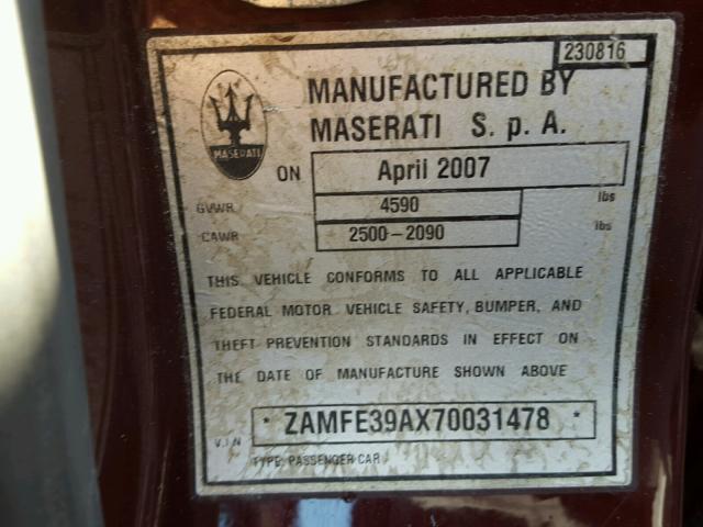 ZAMFE39AX70031478 - 2007 MASERATI QUATTROPOR BURGUNDY photo 10