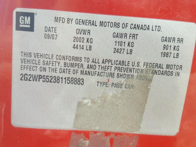 2G2WP552381158883 - 2008 PONTIAC GRAND PRIX წითელი ფოტო 10