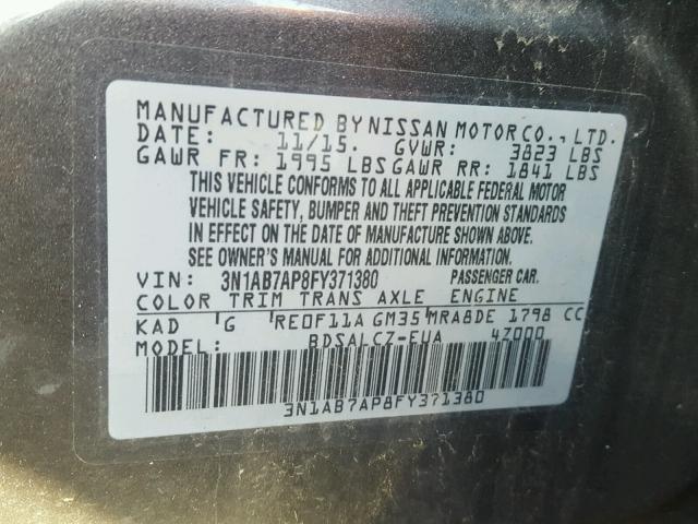 3N1AB7AP8FY371380 - 2015 NISSAN SENTRA S GRAY photo 10