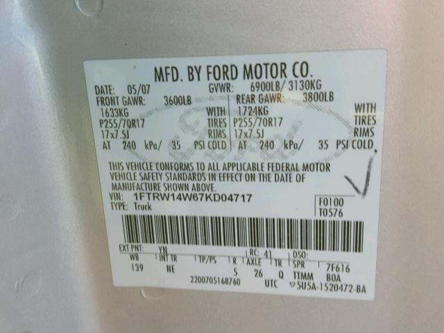 1FTRW14W67KD04717 - 2007 FORD F150 SUPER SILVER photo 10